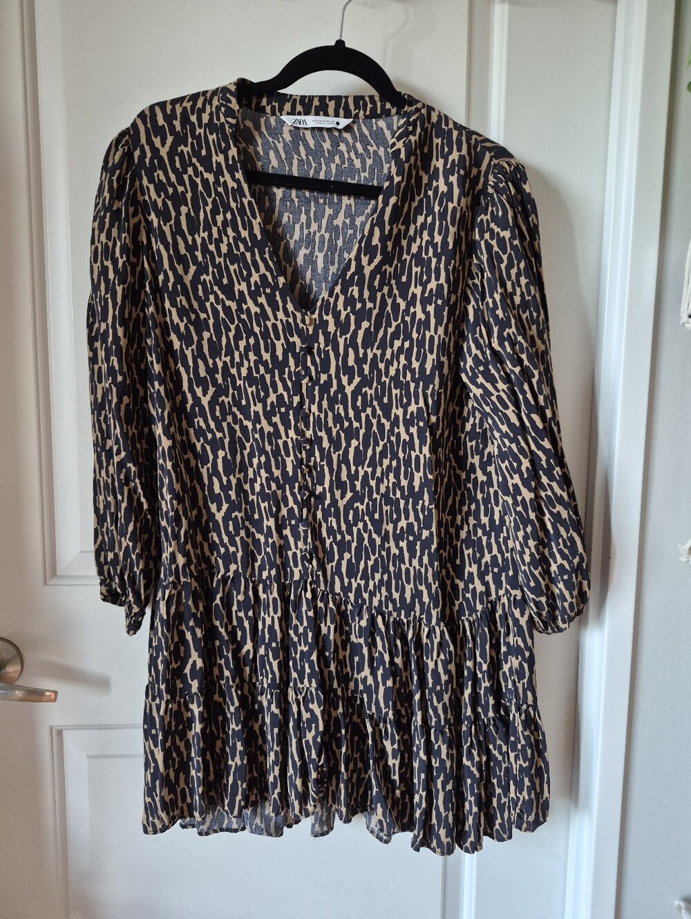 ZARA Printed V-Neck Tiered Mini Dress - Black & Tan